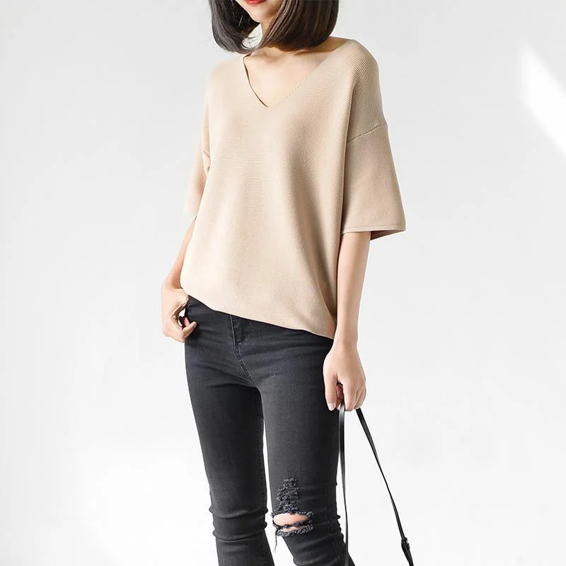 Cream V neck knit causal blouse tops oversize woman shirt