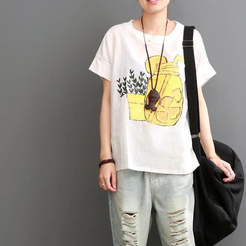 Juice print summer white cotton shirt women blouse top