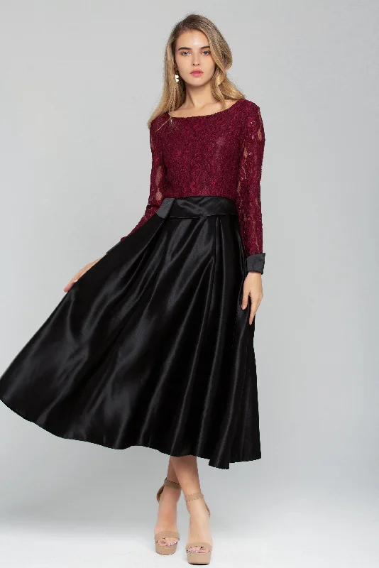 Maroon Lace Top with Black Maxi Skirt Dress