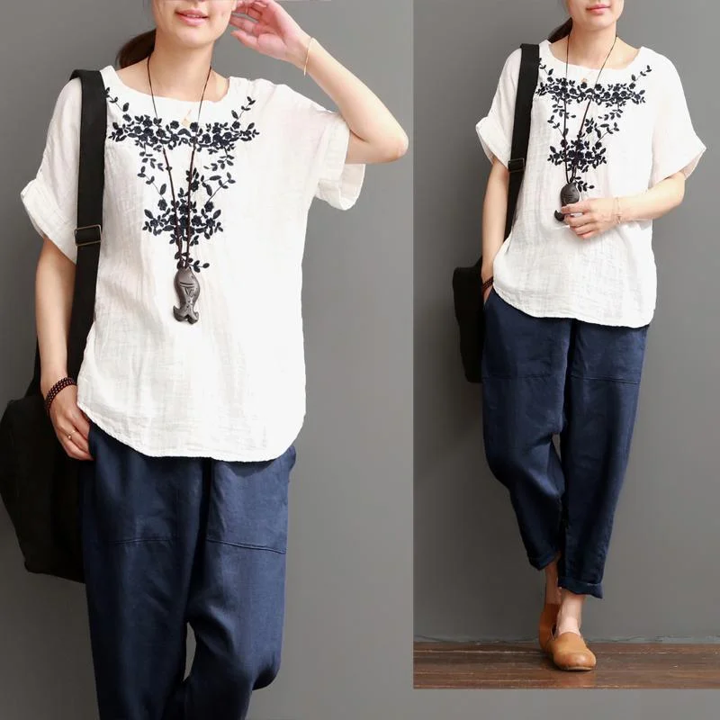 White cotton blouse summer women shirt top embroideried flower