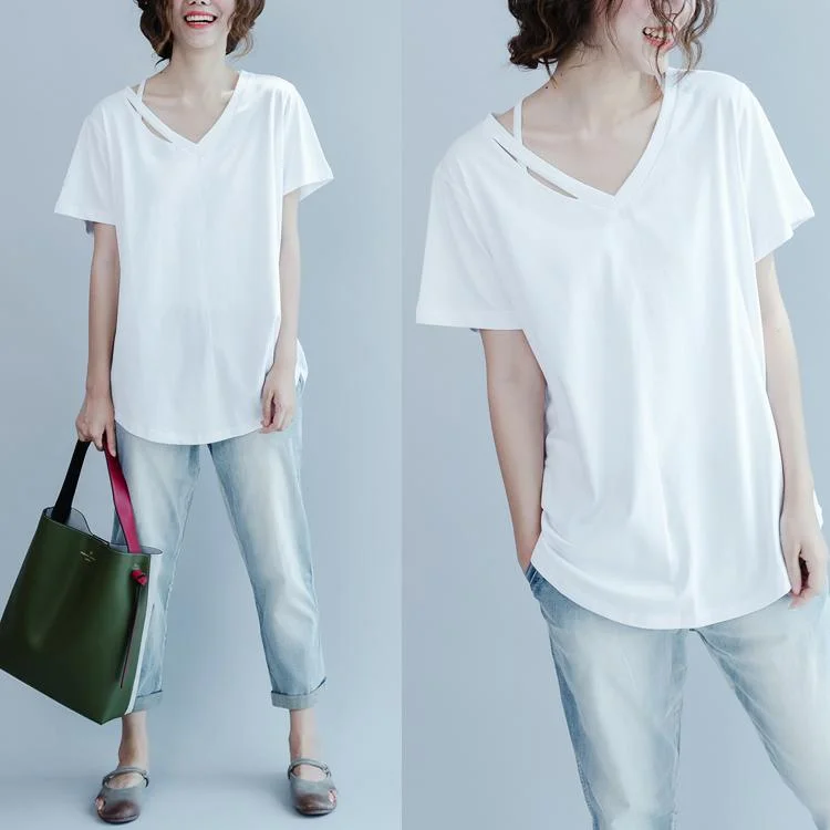 White V neck causal shirts split shoulder plus size cotton blouses