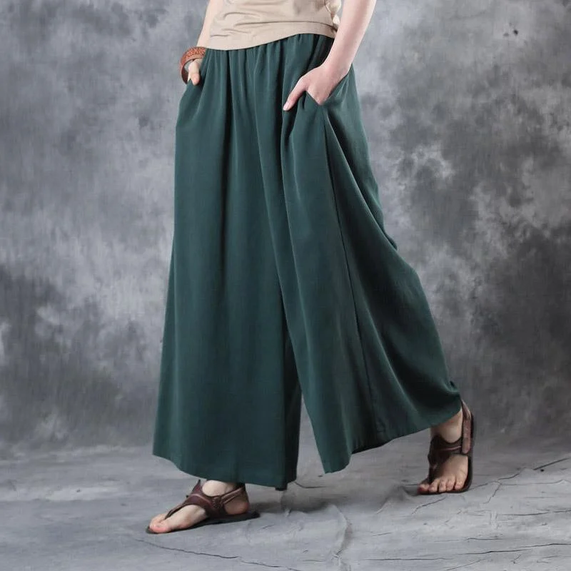 2017 blackish green casual silk pants plus size elastic waist wide leg pants