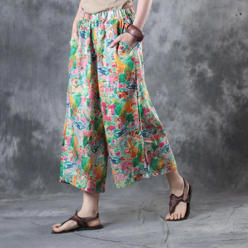 2017 orange floral linen pants casual wide leg pants elastic waist crop pants