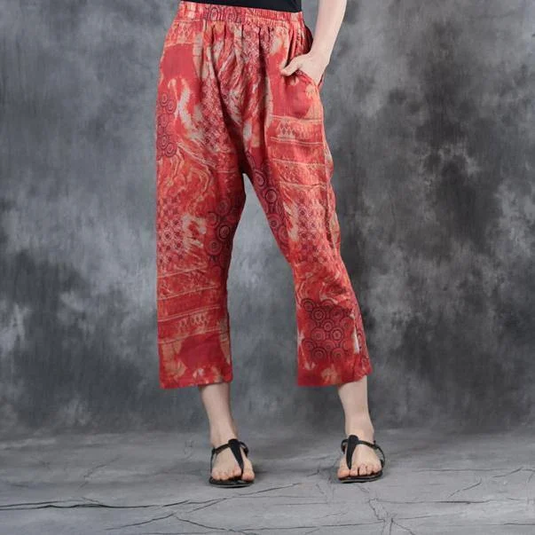 2018 red print linen crop pants casual elastic waist pants