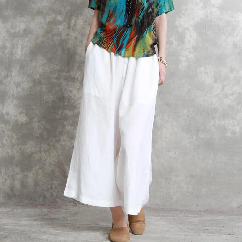 2018 summer white oversize linen pants casual slim elastic waist wide leg pants