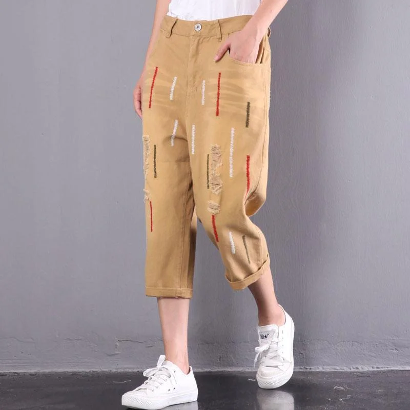 new yellow casual cotton  ripped jeans oversize embroidery elastic waist pants