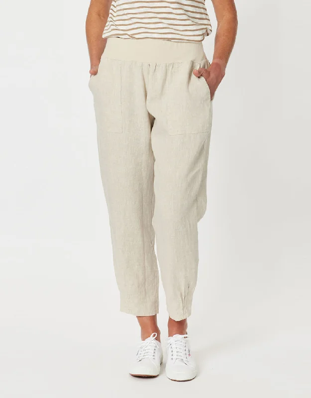 Sarah Rib Waist Linen Pants - Natural