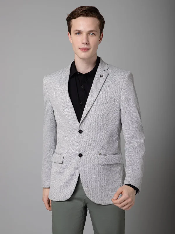 Light Grey Self Design Full Sleeves Casual Blazer For Men