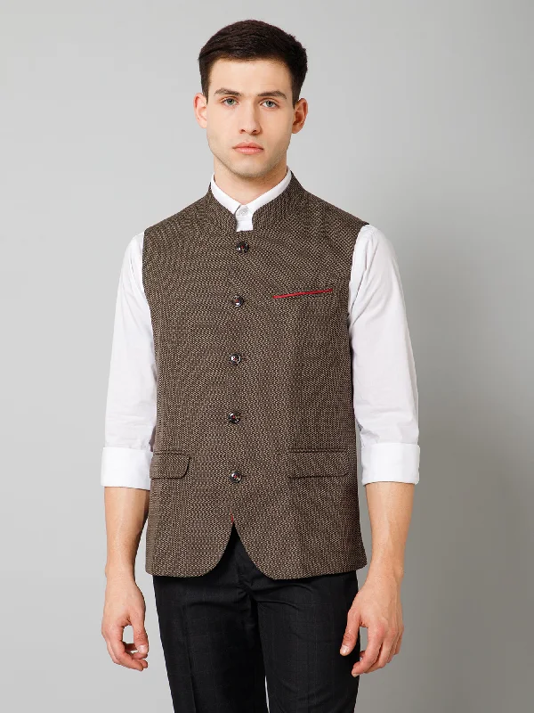 Men Brown Self Design Casual Band Collar Sleeveless Waist Coat