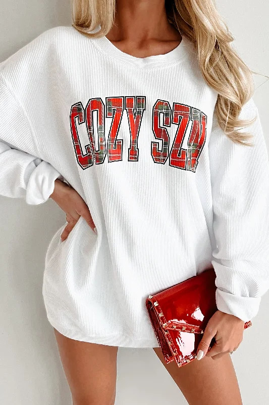 "Cozy Szn" Corded Graphic Crewneck (White) - Print On Demand