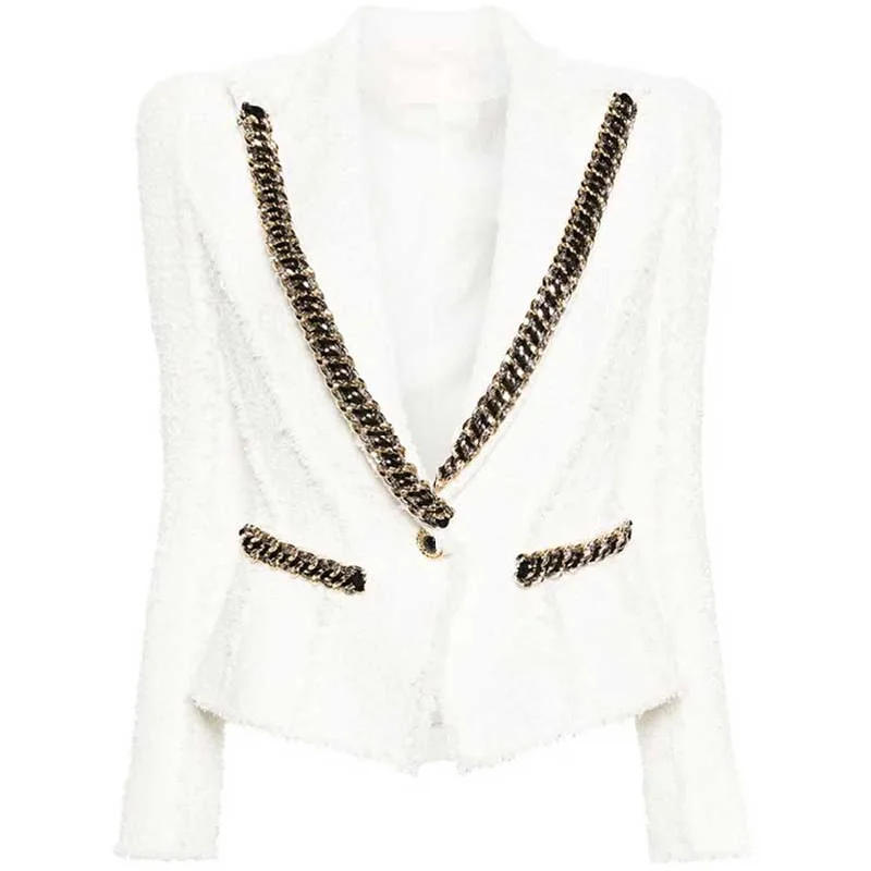 Women Single Breasted White Tweed Blazer