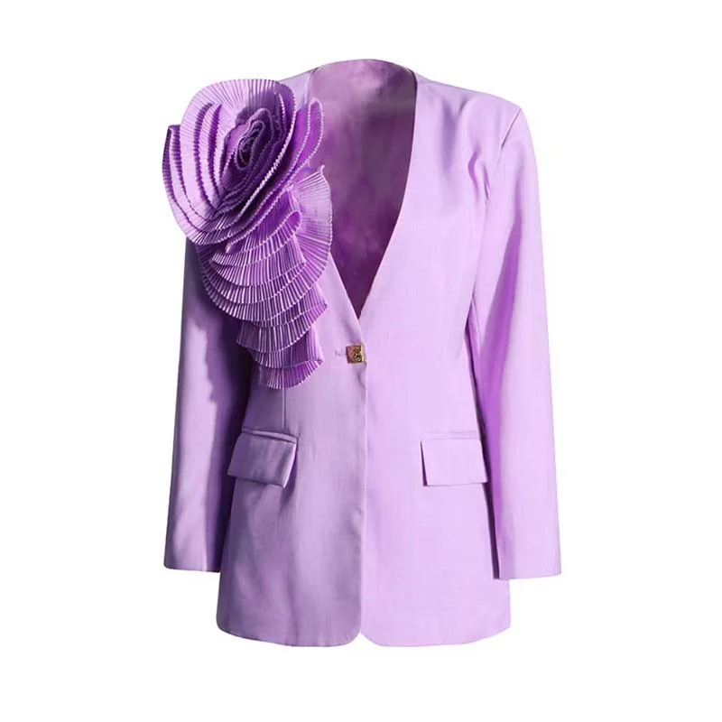 Women's Blazer Flower Embellished V Neck Single Button Jacket