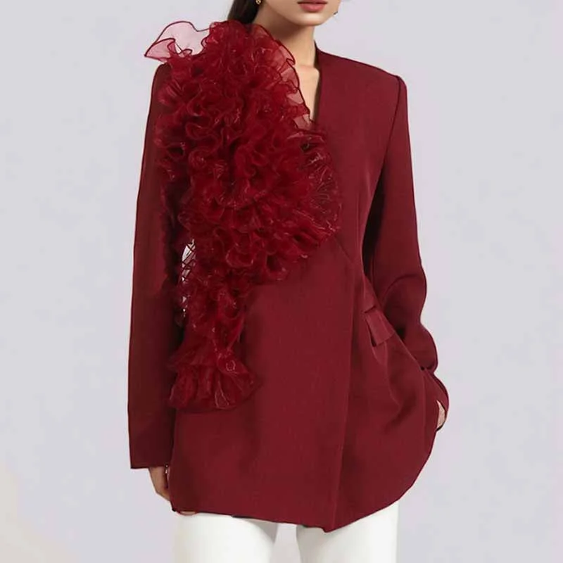 Women's Burgundy Blazer With Flounce Jacket