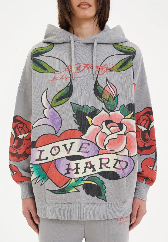 Womens Love Hard Graphic Relaxed Pouch Hoodie -  Grey