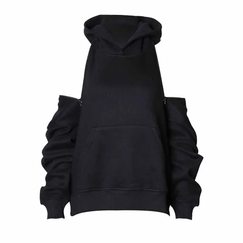 Women's Off Shoulder Hoodie Rib Knitted Cuffs Zipper Hoodie