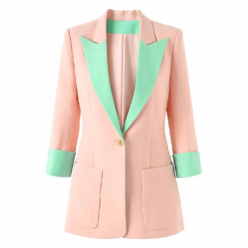 Women's Single Breasted Blazer Double Crepe Two-Tone Jacket