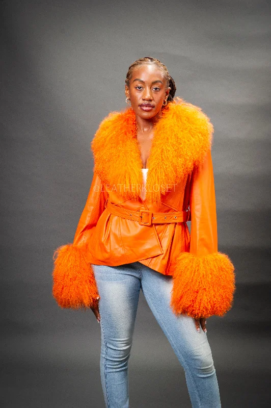 Women's Zahara Leather And Fox Combo Jacket [Orange]