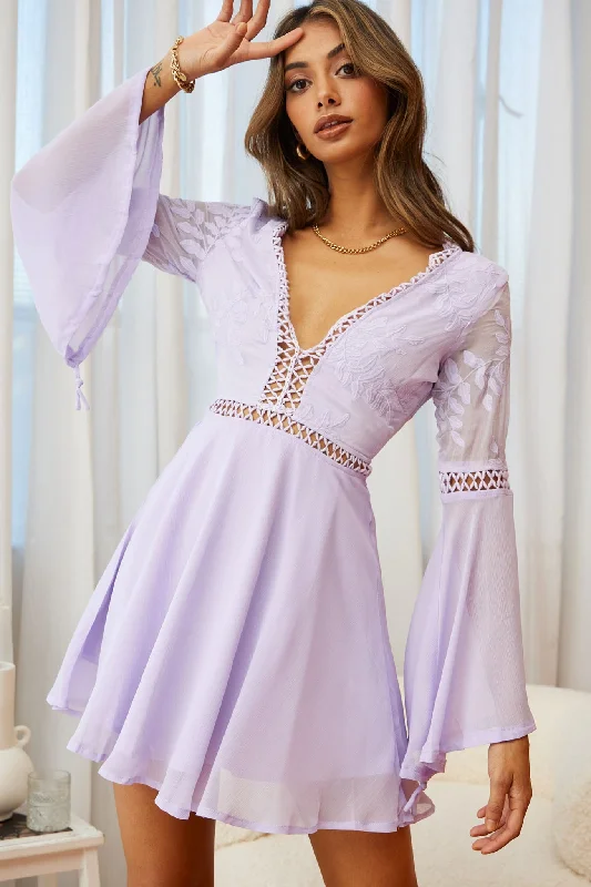 Carson Long Sleeve Crochet Embroidery Detail Dress Lilac