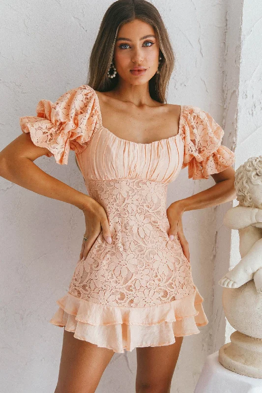 Georgia Peach Puff Sleeve Double Frill Hem Lace Dress Peach