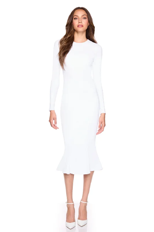 crew trumpet long sleeve midi dress