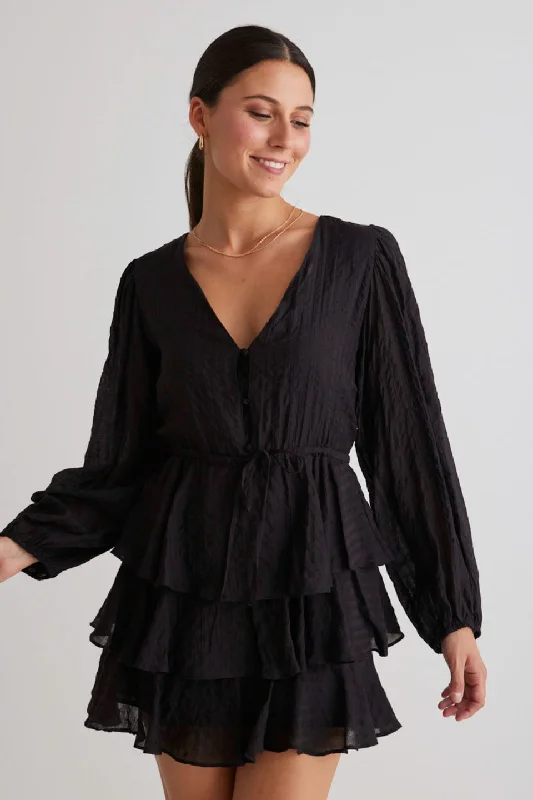 Evita Black LS V Neck Mini Tiered Dress