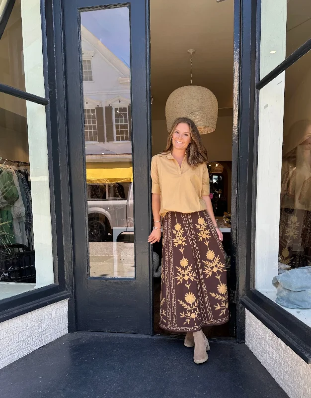 Hanley Midi Skirt Brown With Caramel Embroidery