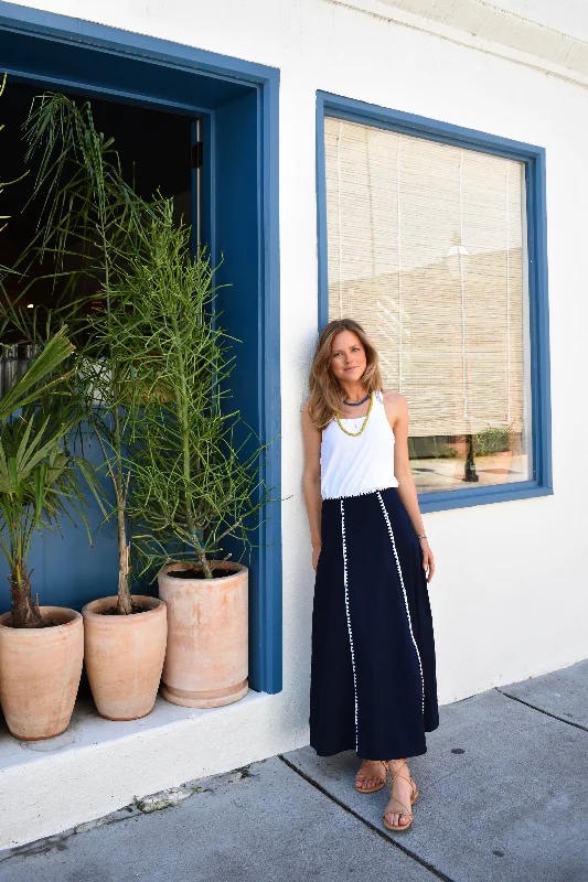 Hanley Midi Skirt Navy with White Whip Stitch