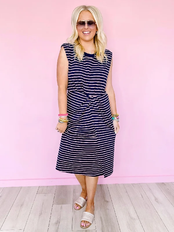 KNOT YOU AVERAGE STRIPE MIDI DRESS - NAVY