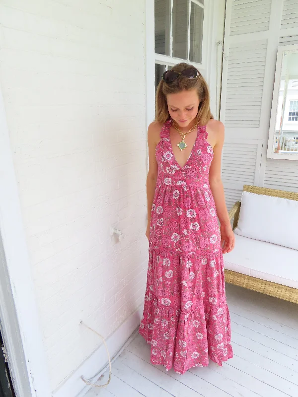 Lindsay Maxi Dress Dark Pink Floral