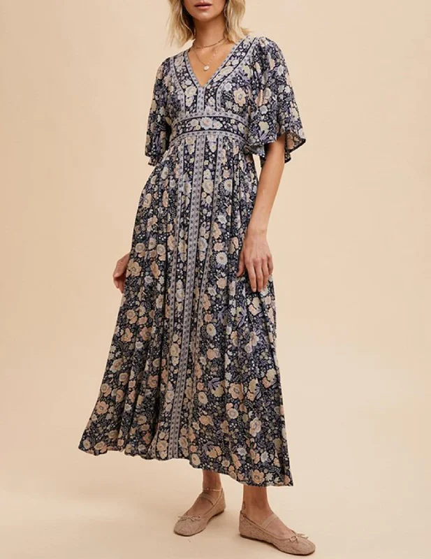 Loraine Flutter Sleeve Midnight Floral Maxi Dress