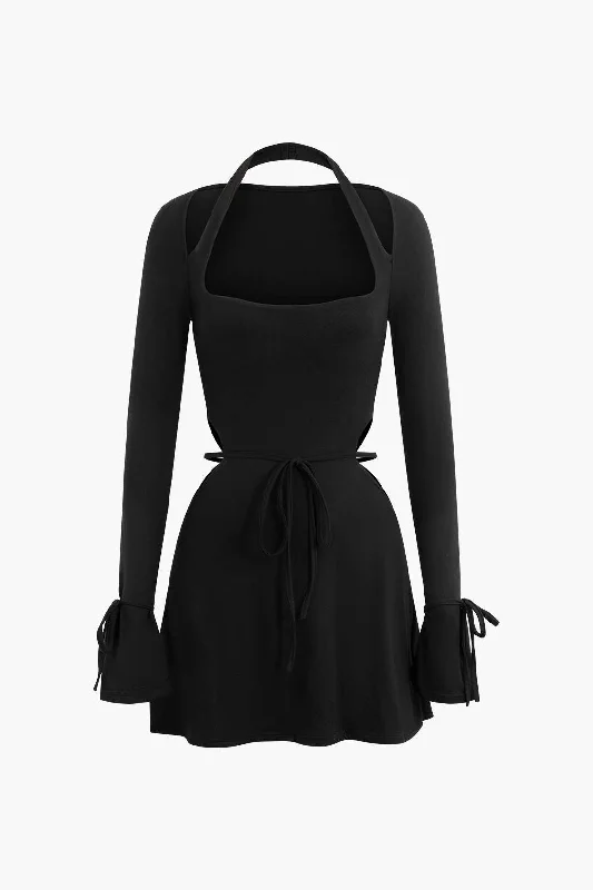 Square Neck Halter Tie Bell Sleeve Mini Dress