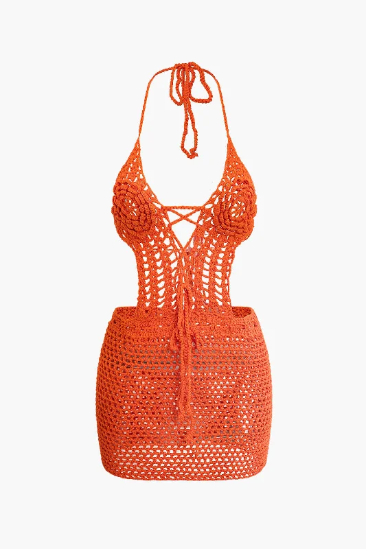 Crochet Halter Backless Mini Dress