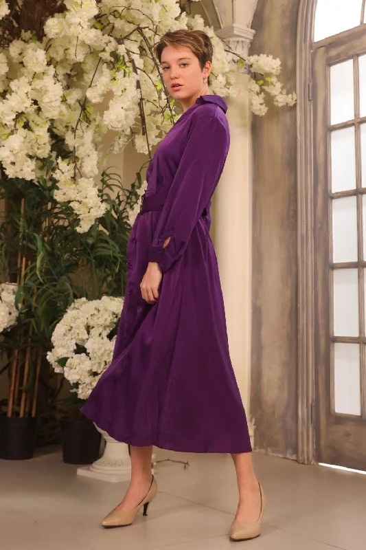 Petite 3/4 Sleeve Button Down Satin Midi Shirt Dress (Purple)