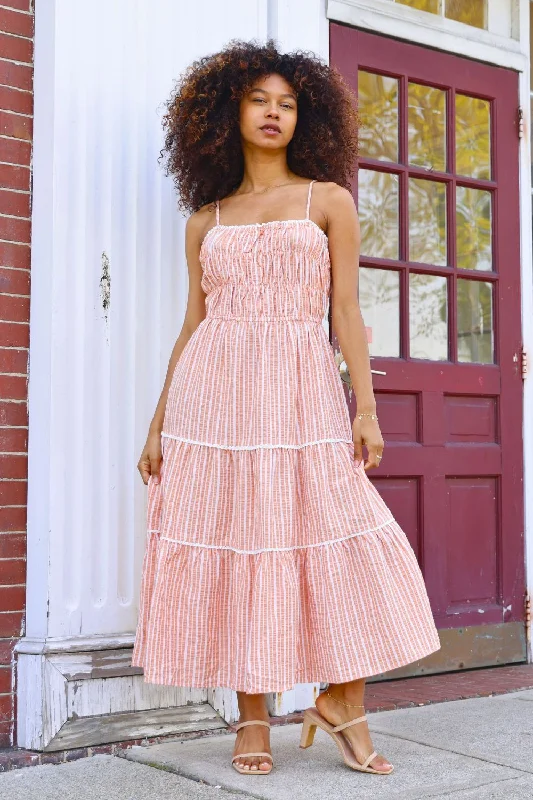 Petite Striped Tiered Midi Dress (Orange)