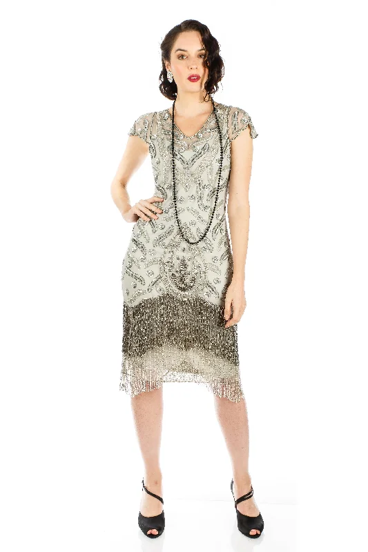 Art Deco Fringe Party Dress in Grey Silver