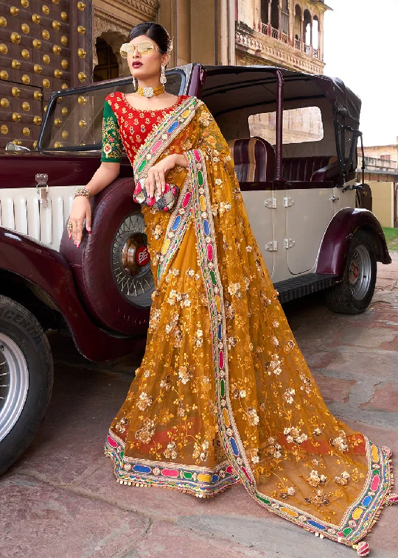 Attractive Mustard Applique Net Designer Bridal Party Wear Saree