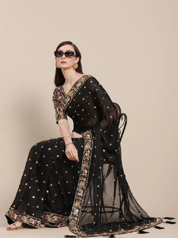 Black Partywear Designer Saree - Rent