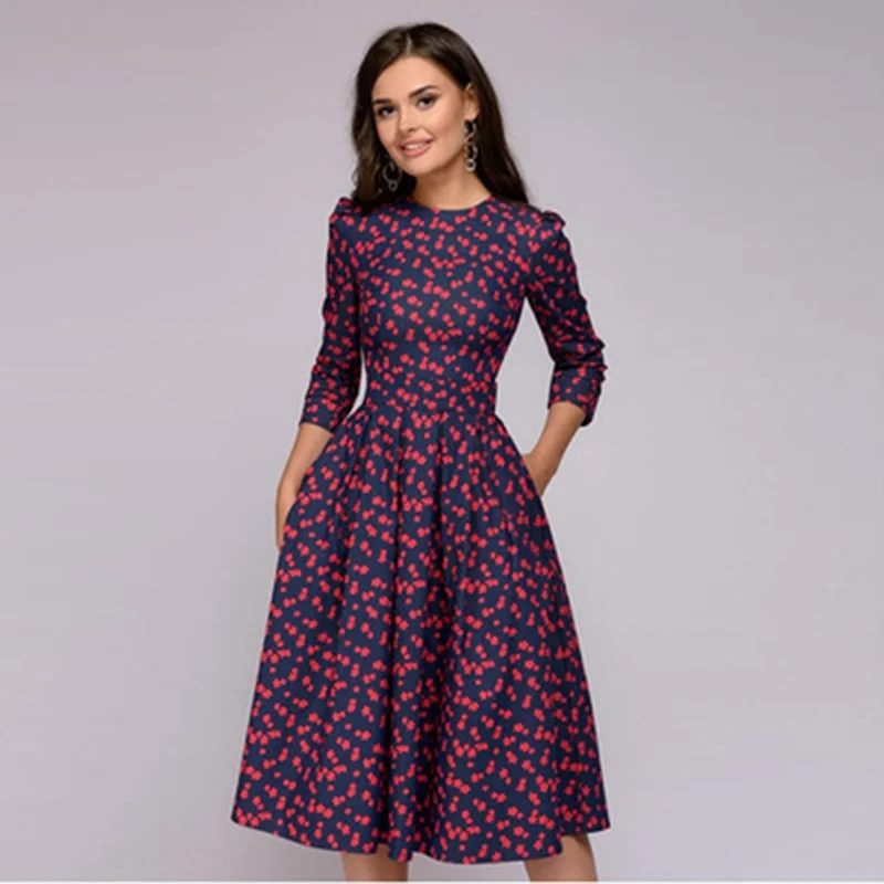 BerriesJam - Dot Print Three Quarter Sleeve A-line Date Party Dress