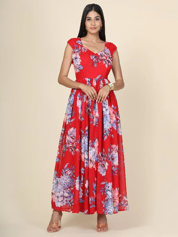 Miracolos By Ruchi's Elegant Floral Printed Chiffon Party dress in Red base - Rent