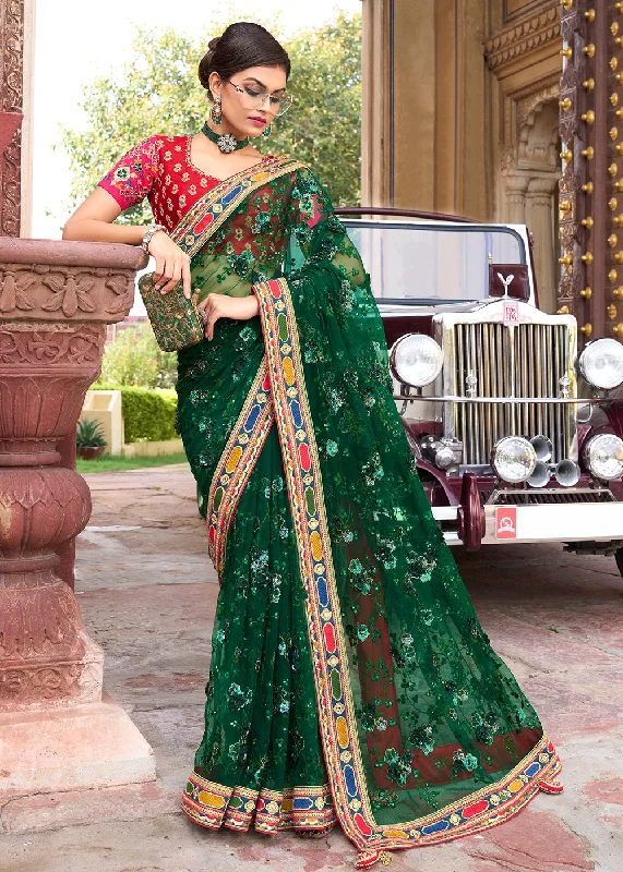 Engaging Green Applique Net Designer Bridal Party Wear Saree