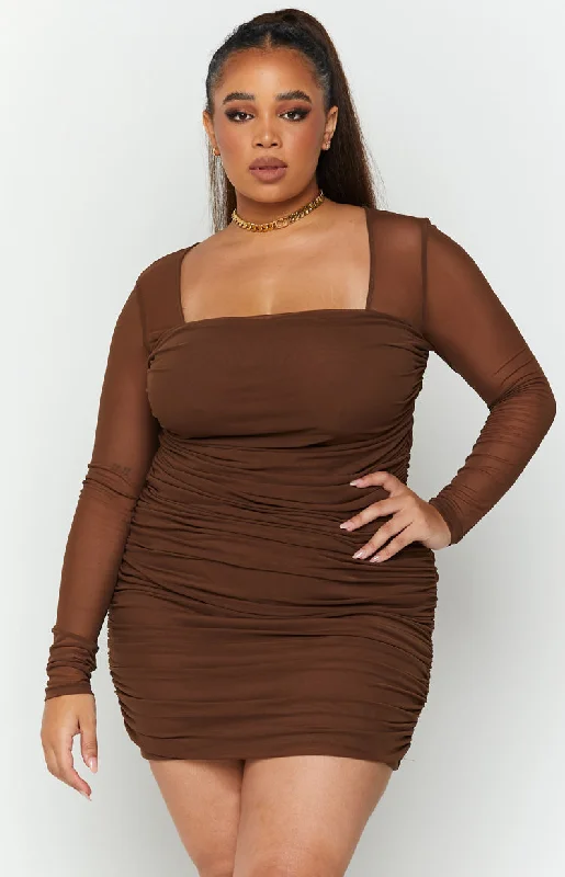 Estee Long Sleeve Mesh Party Dress Brown