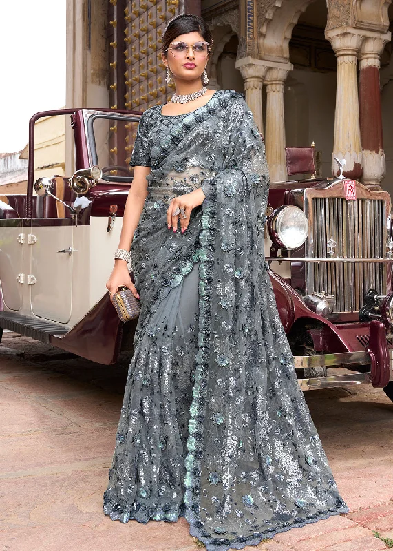 Fetching Grey Applique Net Designer Bridal Party Wear Saree