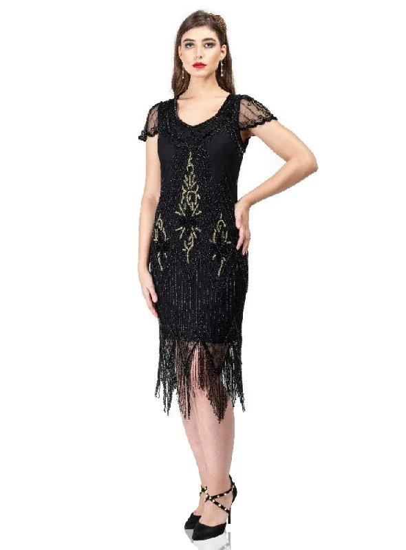 Flapper Style Fringe Party Dress in Black Gold