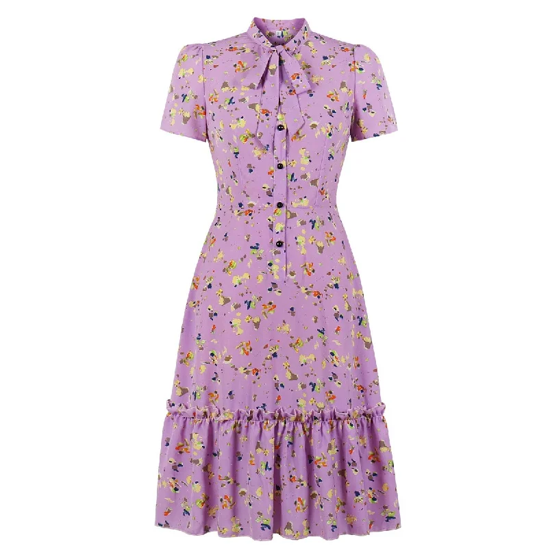 BerriesJam - Floral Print Bow Tie Neck Button Front Party Dress