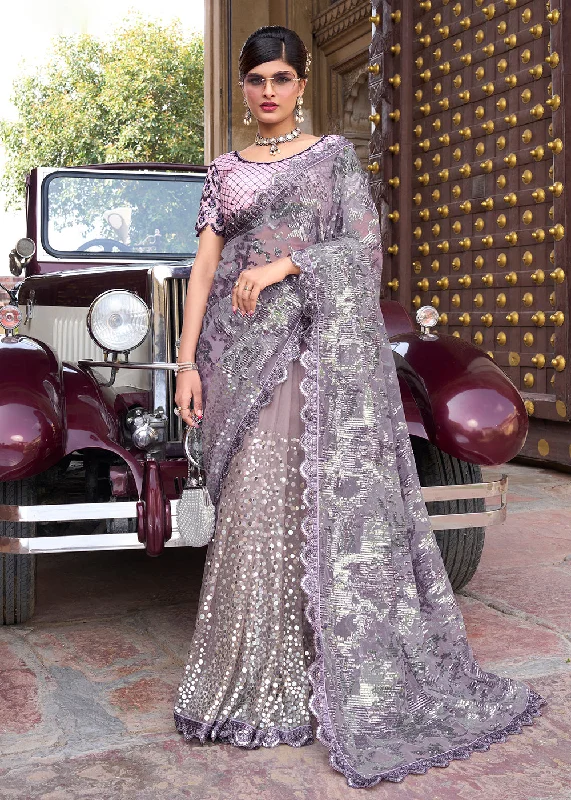 Glam Purple Applique Net Designer Bridal Party Wear Saree