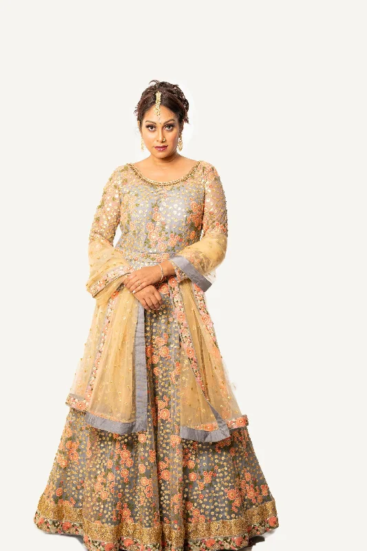 Gold and Grey Embroidered Partywear Anarkali - Rent