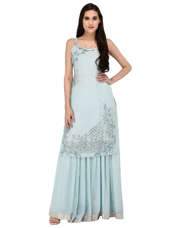 Miracolos By Ruchi's Rent Georgette Stylish Kurta with Skirt Embroidered Party Dress Light Blue Colour