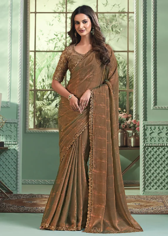 Lovely Beige Georgette Embroidered Wedding Party Wear Saree