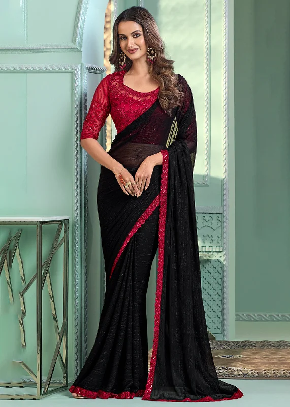 Lovely Black Chiffon Embroidered Wedding Party Wear Saree