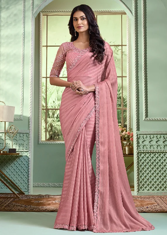 Lovely Dusty Pink Georgette Embroidered Wedding Party Wear Saree